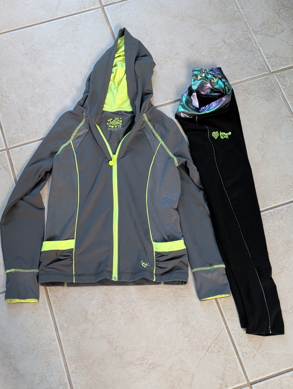 Justice Girl Size 12 Hoodie & Leggings Set - Gray with Neon Yellow Trim